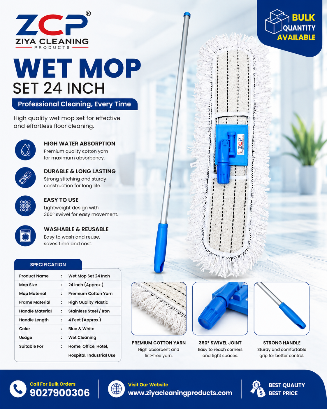 🧹 24-Inch Wide Coverage | Premium Cotton Yarn | Reusable | Durable | Easy to Use